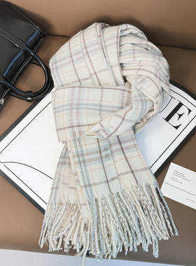 韩系格子围巾女生冬季2025新款情侣高级感白色百搭学生保暖围脖男