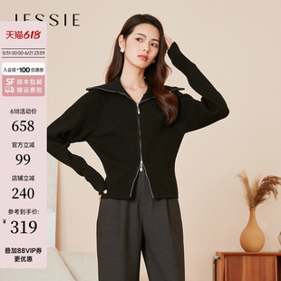 JESSIE气质ol风翻领针织衫新款秋款显瘦黑色针织毛衫上衣外套