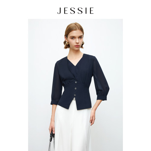 JESSIEV领上衣女修身显瘦七分袖