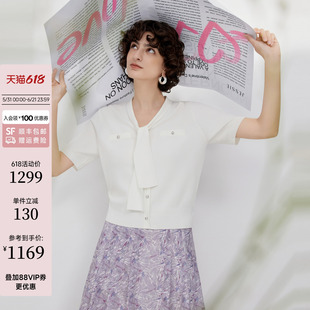 JESSIE新款女士毛衣针织衫2026职场纽扣落肩袖淑女V领短袖通勤风