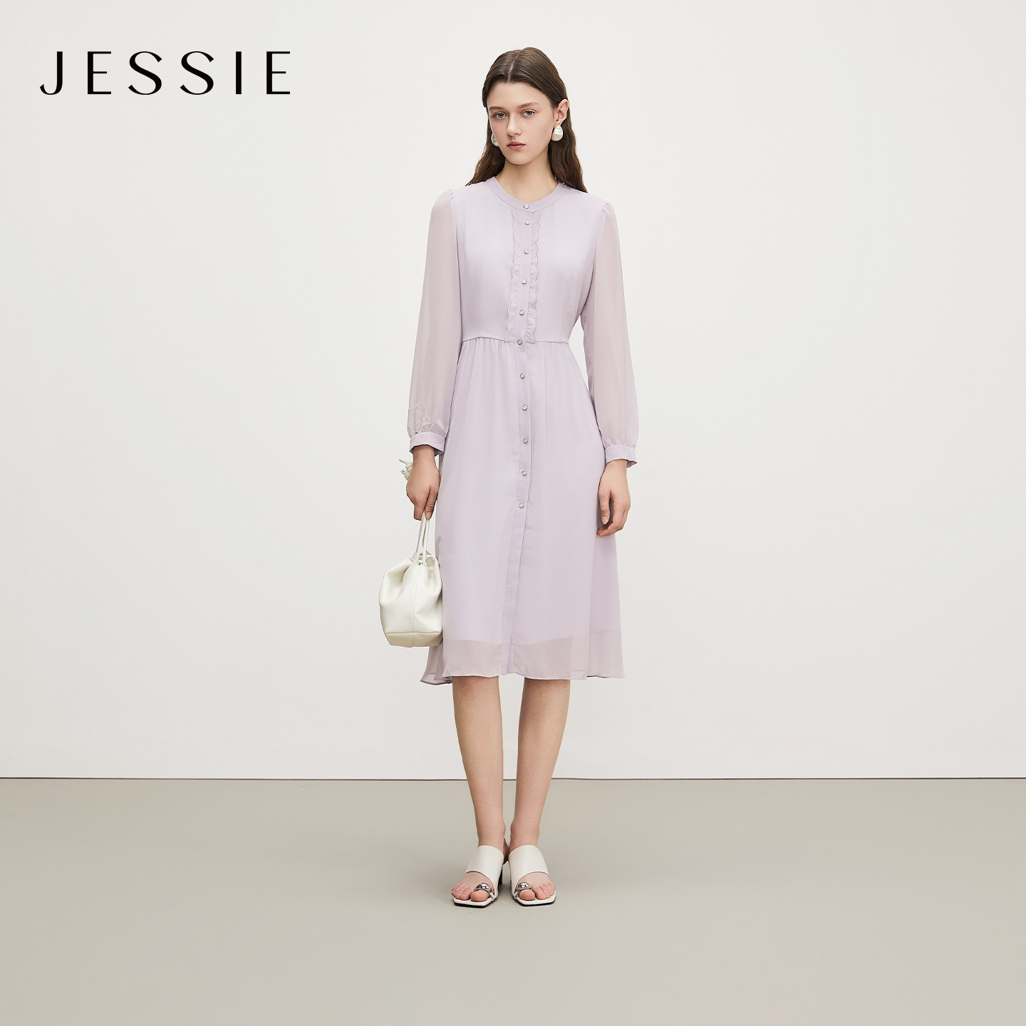 JESSIE春季气质收腰高级感仿真丝紫色衬衫式连衣裙女长袖