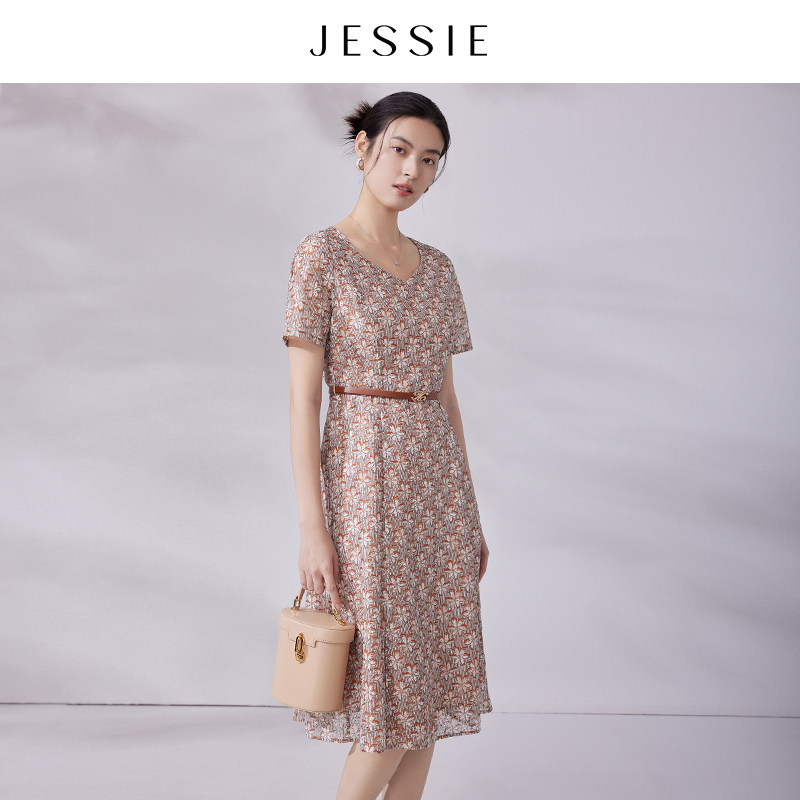 【商场同款】JESSIE时尚印花系带收腰短袖中长款连衣裙2026夏款