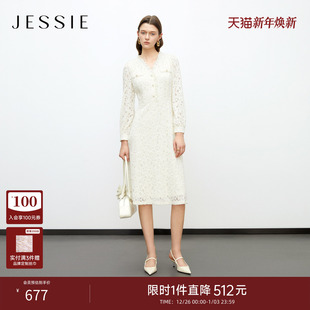 JESSIE25年秋新款 V领荷叶边中长裙 镂空针织磨毛蕾丝连衣裙女长袖