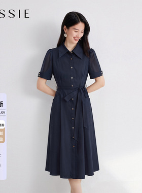 JESSIE蓝色气质衬衫式连衣裙女短袖系带收腰通勤修身中长裙夏新款