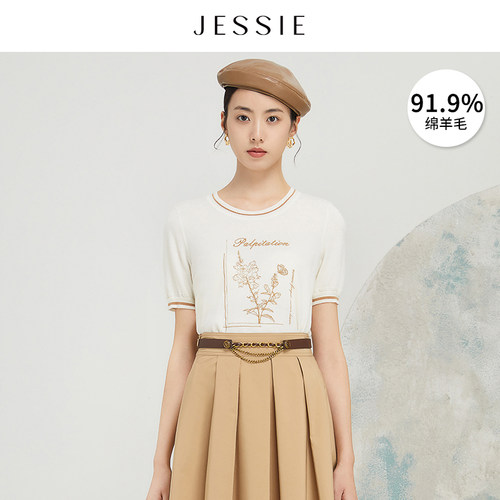 JESSIE撞色圆领花卉图案针织衫女