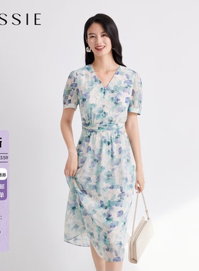JESSIE优雅水墨画印花束腰连衣裙女短袖V领雪纺中长裙26夏季新款