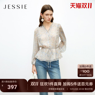 JESSIE女款春季法式印花雪纺上衣长袖V领收腰荷叶边小衫