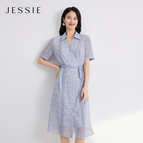JESSIE气质腰果花衬衫式连衣裙女