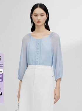 JESSIE2026夏季新款桑蚕丝拼接衬衫女方领九分袖直筒通勤蓝色上衣
