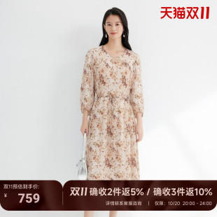 JESSIE长袖连衣裙高腰职场印花中套头V领七分袖A字裙