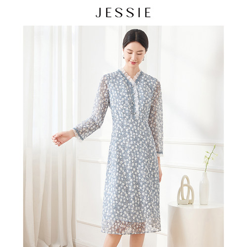 JESSIE气质蕾丝绣花连衣裙女秋季V领木耳边长袖收腰A字中长碎花裙