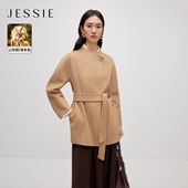 2026年新款 中长款 系带修身 JESSIE设计感立领收腰毛呢外套女落肩袖