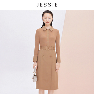 【商场同款】JESSIE气质翻领设计感针织拼接中长款连衣裙秋季