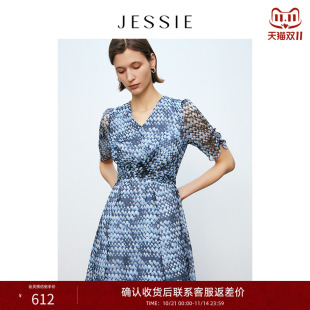 新款 JESSIE2025年夏季 蓝色V领波点连衣裙女高级感 蓝调梦境