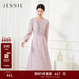 JESSIE气质前襟打条圆领雪纺碎花连衣裙女秋款优雅收腰显瘦长袖款
