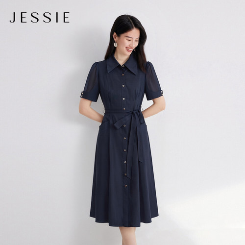 JESSIE蓝色气质短袖衬衫式连衣裙
