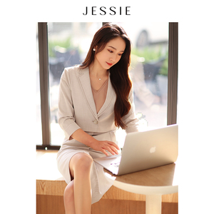 JESSIE气质通勤v领单排扣两件套西装连衣裙女2025秋季新款