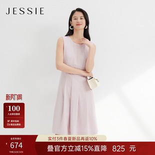 新款 JESSIE知性风收褶无袖 连衣裙女气质圆领中长百褶裙2026年春季