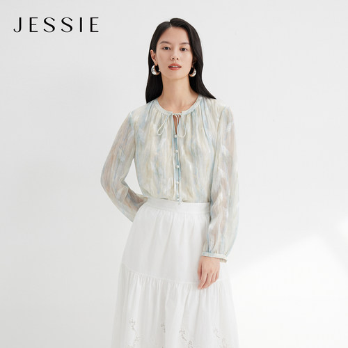 JESSIE法式优雅晕染印花长袖上衣