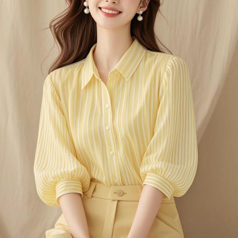 夏季新款法式绝美正肩五分袖上衣女高级2025气质灯笼黄色条纹衬衫