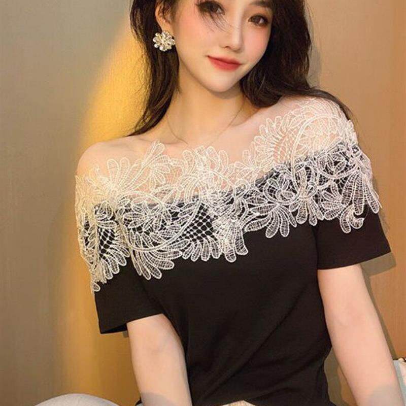 欧洲站2025新欧洲超级仙女性感露肩上衣夏季时尚拼接蕾丝短袖t恤