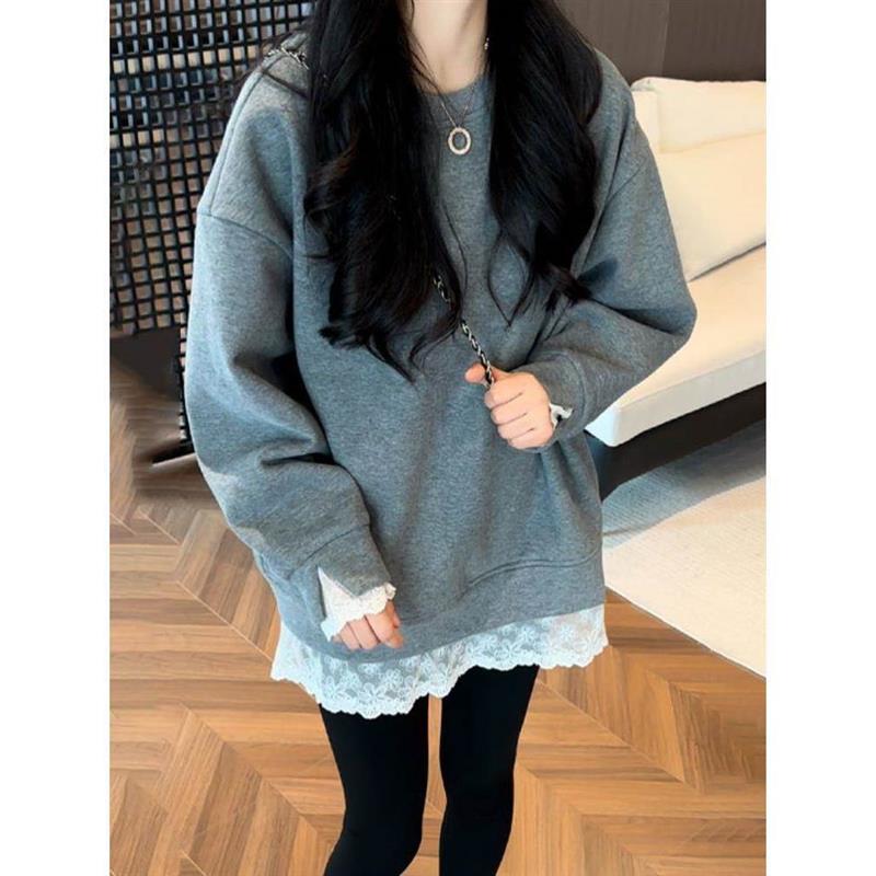 假两件胖MM大码蕾丝拼接秋冬款加厚加绒长袖遮肚宽松显瘦卫衣女