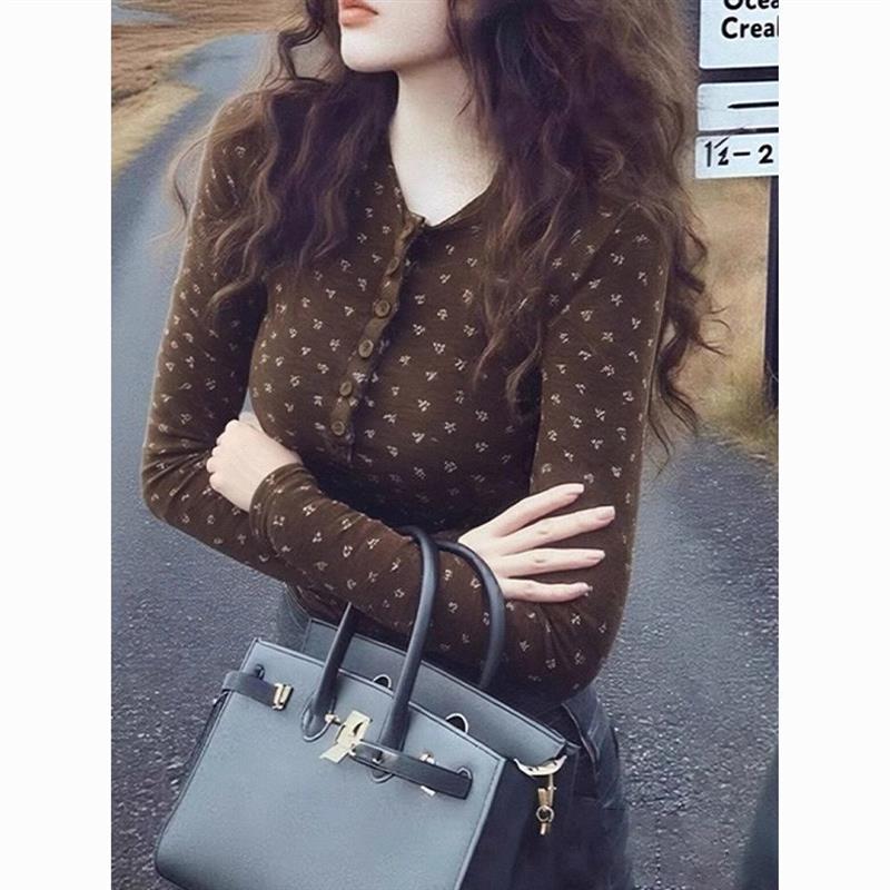 设计感碎花亨利领长袖t恤女士秋冬新款修身超好看内搭打底衫上衣