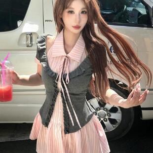 韩系甜美粉色条纹系带性感挂脖连衣裙灰色拼接木耳边短袖时尚套装