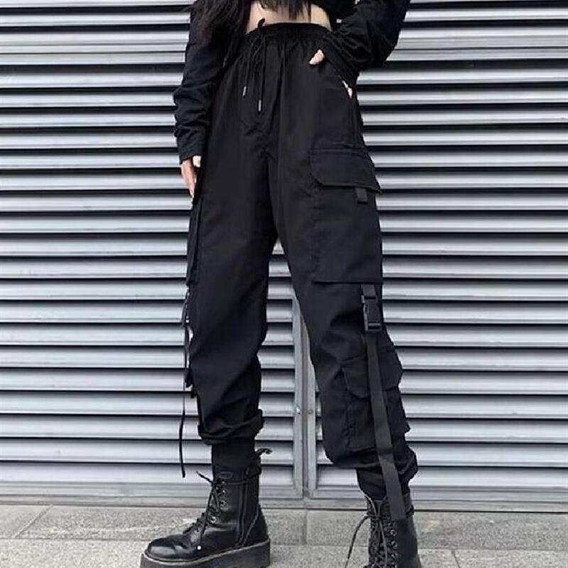 春秋新款束脚纯棉工装裤女显瘦帅气潮牌机车嘻哈ins黑色休闲裤子