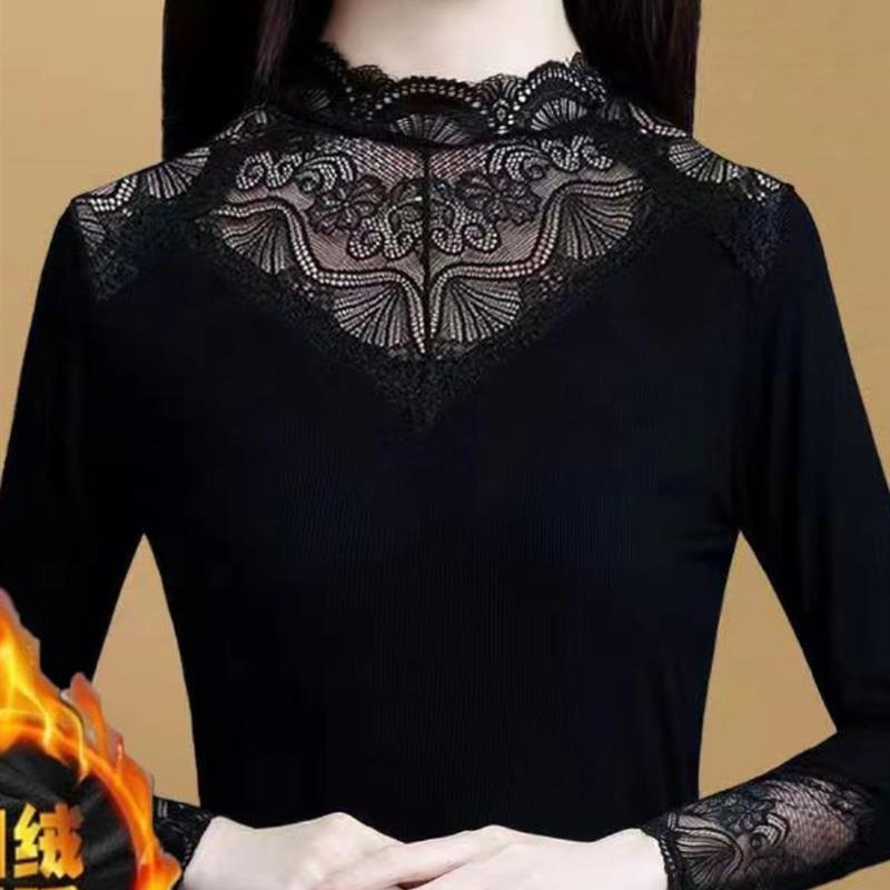 保暖内衣女加厚加绒上衣网纱美体拼接蕾丝长袖女神冬季打底衫秋衣
