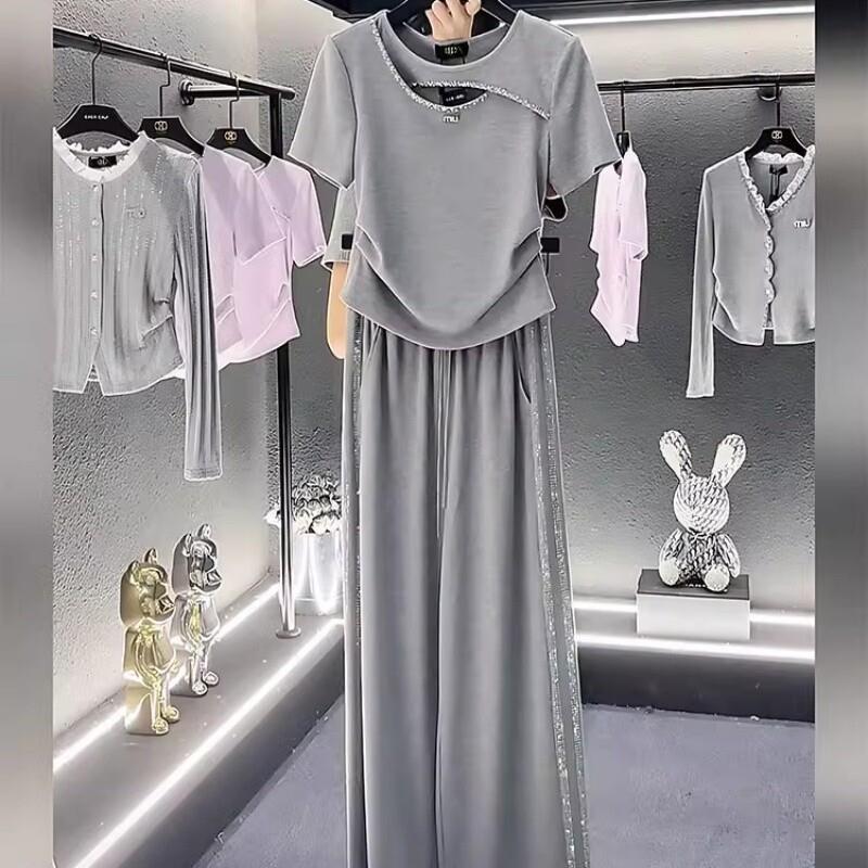 夏装时尚洋气减龄流行一整套新款圆领纯色套头短袖上衣两件套女装