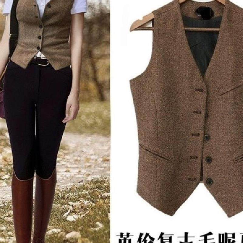 春秋英伦风女士中性覆古人字毛呢背心修身骑马西装马甲外套女短款