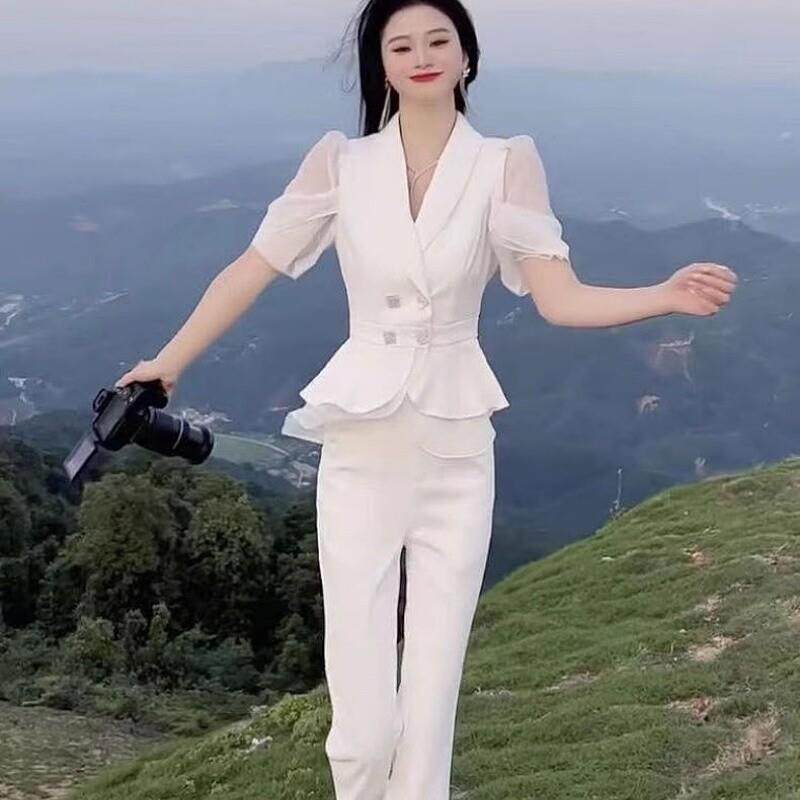 2025夏季新款时尚套装女高级感气质减龄白色上衣阔腿裤两件套洋气