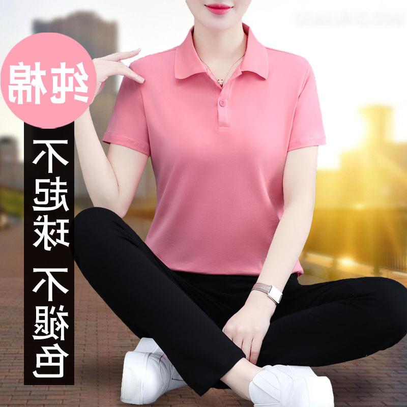 纯棉翻领运动服装套装女士夏季2026新款妈妈polo衫休闲短袖两件套