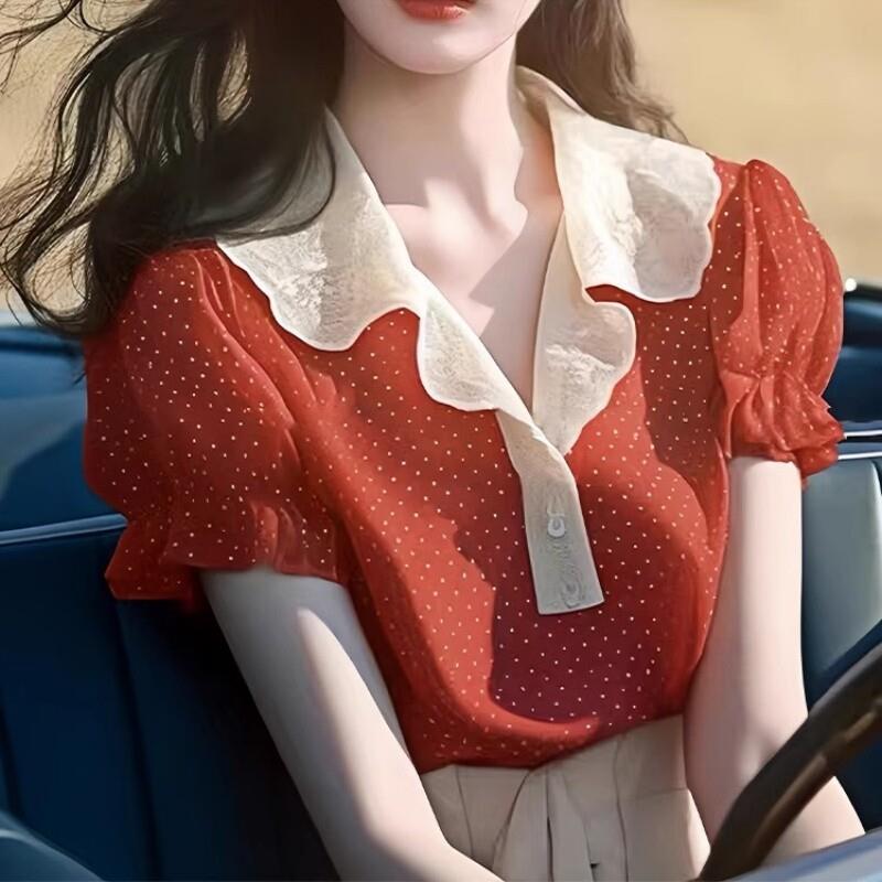红色波点短袖衬衫女2025新款夏季宽松雪纺衫独特超好看泡泡袖上衣