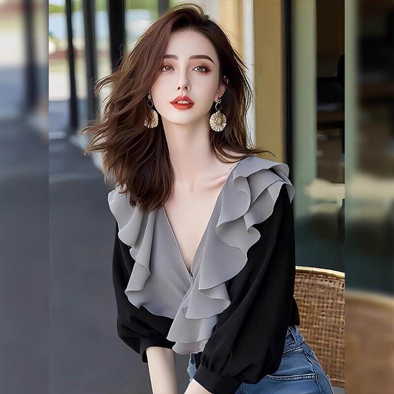黑色拼接荷叶边短袖衬衫秋装女款2025新款设计感v领独特别致上衣