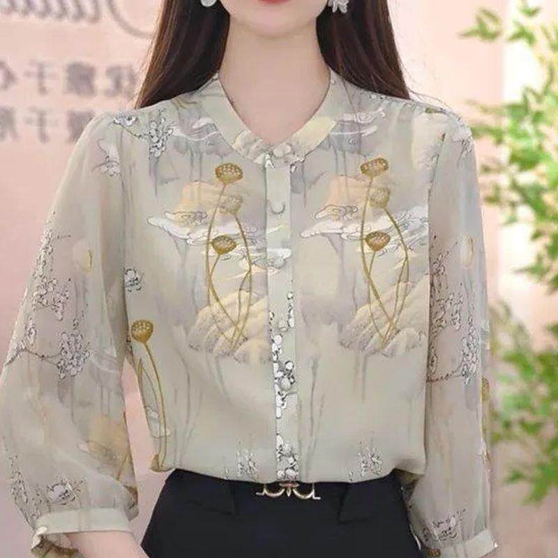 高级感印花七分袖衬衫女2026年春秋新款宽松百搭气质减龄小衫上衣
