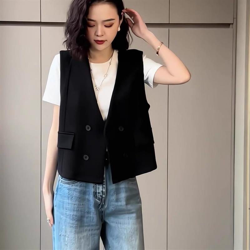 短款V领黑色西装马甲女春秋新款设计感休闲百搭无袖坎肩马夹外套