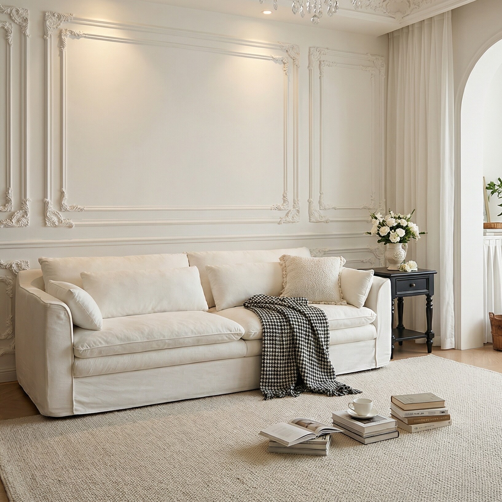 思纳博怀抱沙发皮艺小户型客厅三人直排沙发可拆洗法式奶油风白色