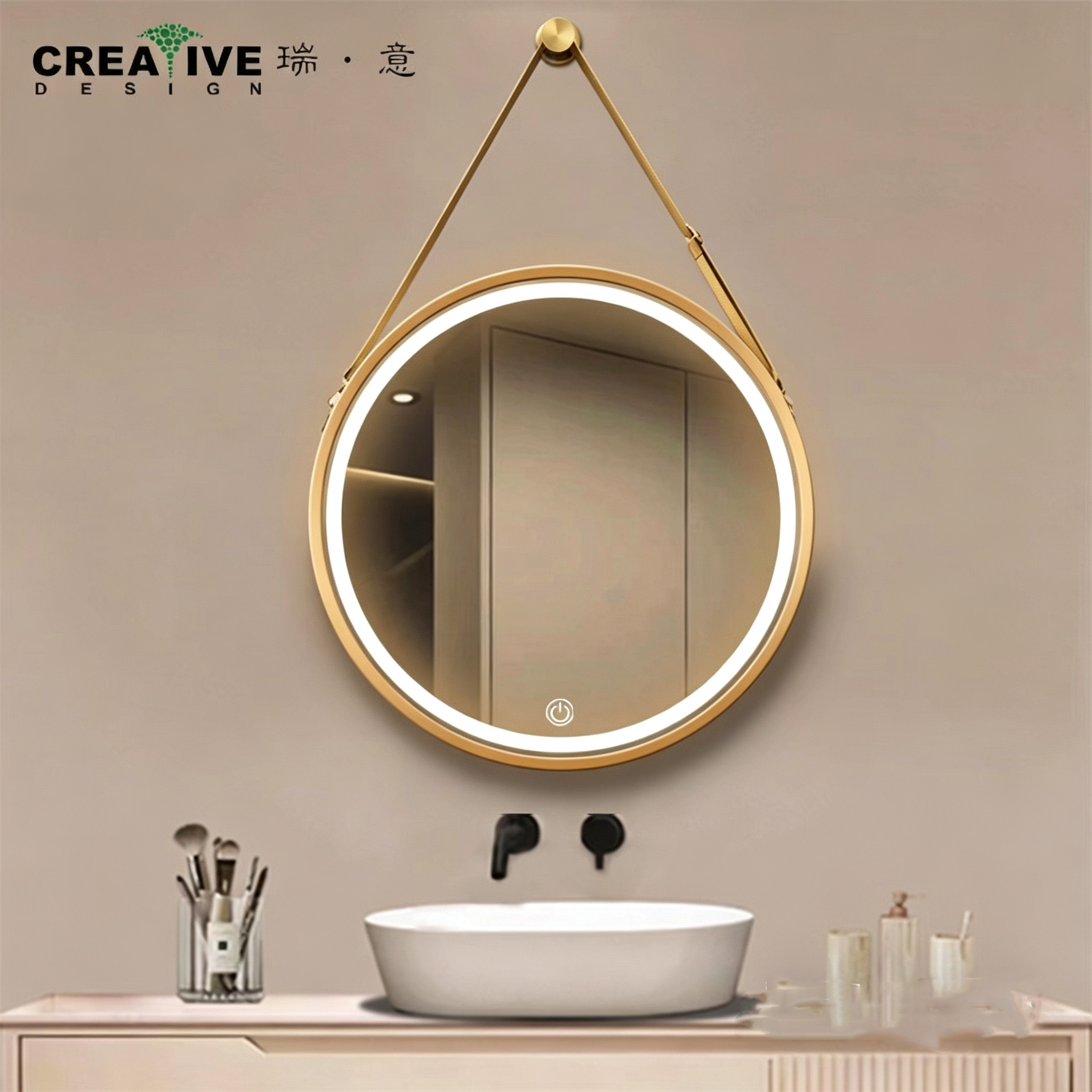 瑞意圆镜铝合金框智能发光皮带挂绳浴室镜洗手台挂镜梳妆台化妆镜