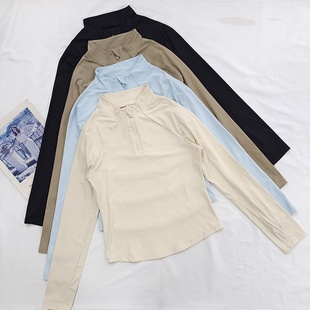 女士柔软亲肤瑜伽服t恤 半拉链健身长袖 春秋修身 透气速干运动上衣