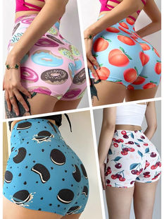 多巴胺色 女高腰裸感速干运动裤 亮色瑜伽裤 水果印花蜜桃臀健身短裤