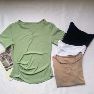 速干训练健身衣 短袖 性感小V领瑜伽服女上衣运动T恤修身 显瘦夏季