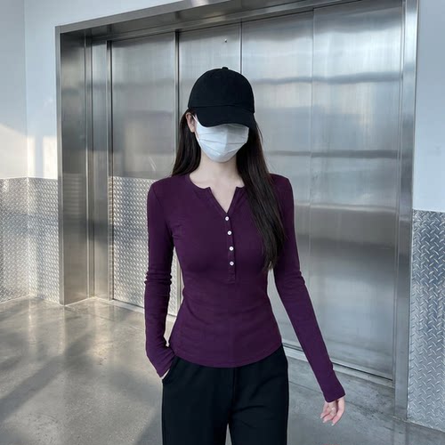 亨利领新款T恤女长袖纯欲风修身显瘦打底衫瑜伽内搭春秋冬季上衣