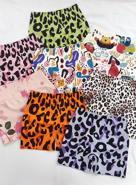 紫色豹纹印花瑜伽短裤蜜桃臀无缝三分健身裤紧身骑行高腰提臀外穿