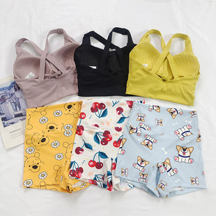 交叉美背健身瑜伽运动套装 速干吊带背心两件套 女夏高腰紧身短裤