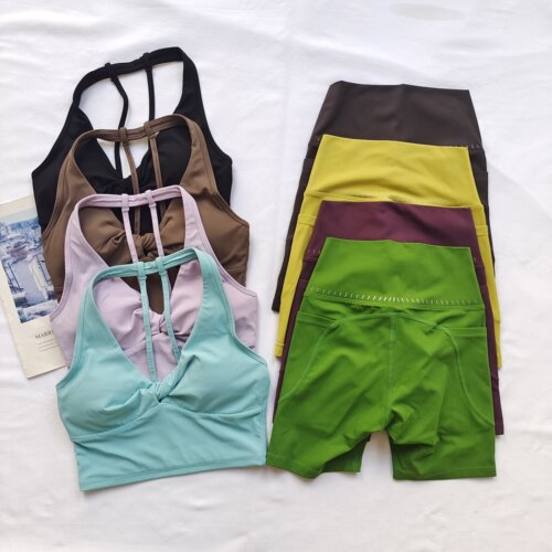 性感深V健身背心女挂脖带胸垫内衣普拉提美背瑜伽服文胸运动套装