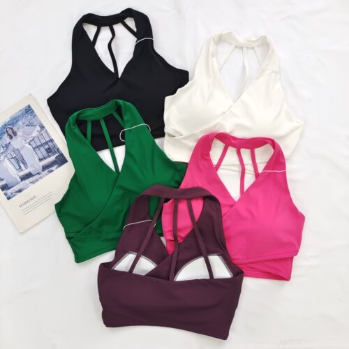 葡萄紫交叉美背褶皱修身瑜伽背心固定杯防震性感深V挂脖运动文胸