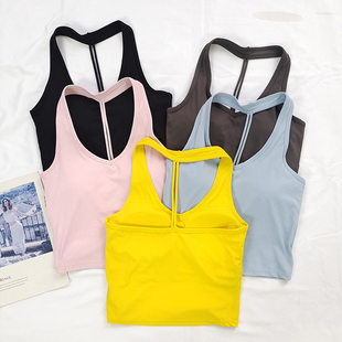 肯豆挂脖T字美背运动内衣女带胸垫背心防震健身文胸跑步瑜伽服