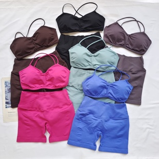性感露背瑜伽背心含胸垫美背翘臀高腰蜜桃短裤 交叉腰健身服女套装